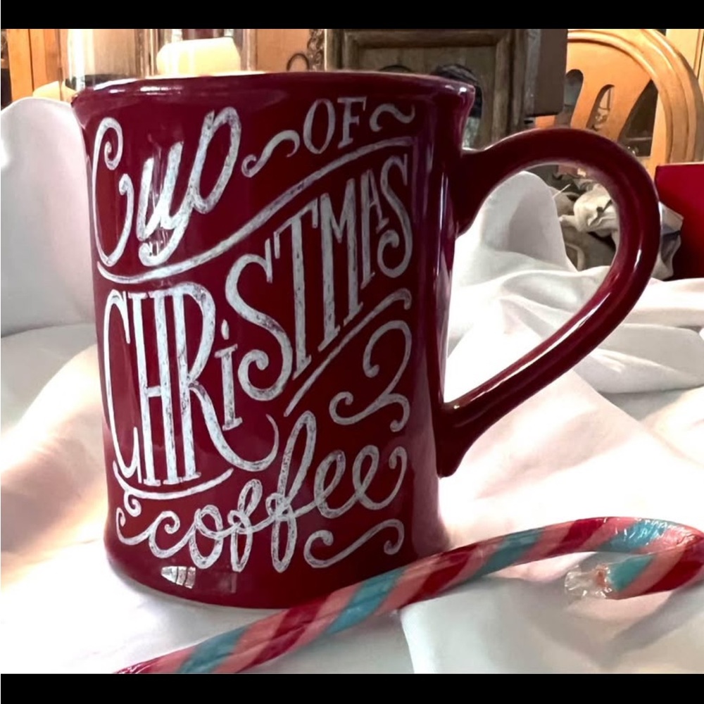 Christmas Mug ‘Cup of Christmas Coffee’ Red & White Logo Mug NWOT 16 oz